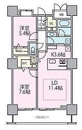 ロイヤルパークスタワー南千住 26階2LDKの間取り