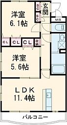 ヒルズＳＲ 2階2LDKの間取り