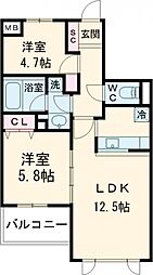 アプリーレ南荻窪 2階2LDKの間取り