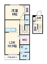 ピアニーフィールドD 2階1LDKの間取り