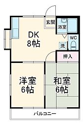 東コーポＢ棟 2階2DKの間取り