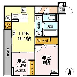 ブリューエン淵野辺 1階2LDKの間取り