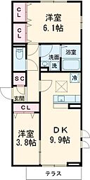 セジュール西台5 2階2DKの間取り