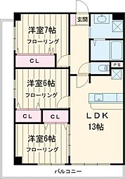 グロリア参番館 6階3LDKの間取り
