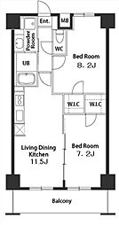 JR総武線 千葉駅 徒歩16分の賃貸マンション 8階2LDKの間取り
