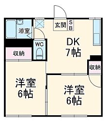フォーブル石井Ｂ棟 1階2DKの間取り