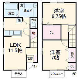 JR東海道本線 豊橋駅 徒歩20分の賃貸テラスハウス 1階2LDKの間取り