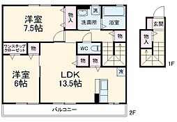 名鉄豊川線 豊川稲荷駅 徒歩8分の賃貸アパート 2階2LDKの間取り