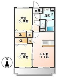 JR東海道本線 六合駅 徒歩16分の賃貸マンション 3階2LDKの間取り