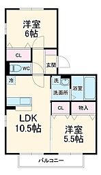 日暮里舎人ライナー 見沼代親水公園駅 徒歩14分の賃貸アパート 2階2LDKの間取り