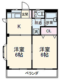 小田急小田原線 向ヶ丘遊園駅 徒歩8分の賃貸マンション 2階2DKの間取り