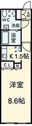 東急目黒線 洗足駅 徒歩8分の賃貸マンション 2階1Kの間取り