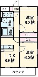 マーレ荘高浜 3階2LDKの間取り