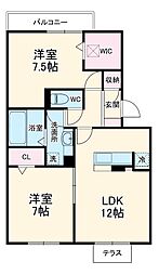 東武伊勢崎線 谷塚駅 徒歩15分の賃貸アパート 1階2LDKの間取り