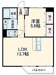 ラ　バーゼ 2階1LDKの間取り