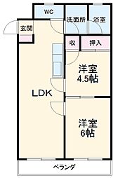 エクセル城下 4階2LDKの間取り