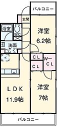 名鉄豊田線 三好ケ丘駅 徒歩14分の賃貸マンション 2階2LDKの間取り