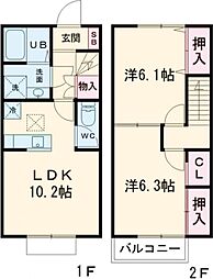 関東鉄道常総線 騰波ノ江駅 徒歩12分の賃貸テラスハウス 1階2LDKの間取り
