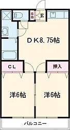 クリフ若木II 2階2DKの間取り