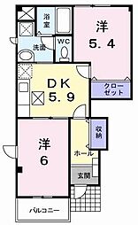 パステークガーデンB 2DKの間取図画像
