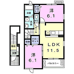 京王相模原線 稲城駅 徒歩15分の賃貸アパート 2階2LDKの間取り