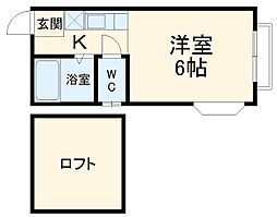 ロックウェル轟Ａ 2階ワンルームの間取り