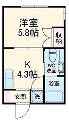 銀河ハイツ 2階1Kの間取り