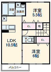 JR常磐線 牛久駅 徒歩31分の賃貸アパート 2階2LDKの間取り