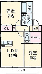 セジュール平針 1階2LDKの間取り