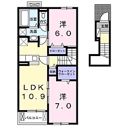 JR高崎線 新町駅 徒歩12分の賃貸アパート 2階2LDKの間取り