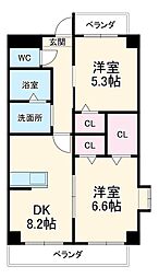 パセオ見晴I 3階2DKの間取り