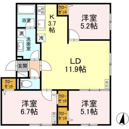 ＢＲＩＧＨＴ　ＧＡＲＤＥＮ　209 405｜北海道札幌市東区北二十条東９丁目(賃貸アパート3LDK・4階・68.86㎡)の写真 その2