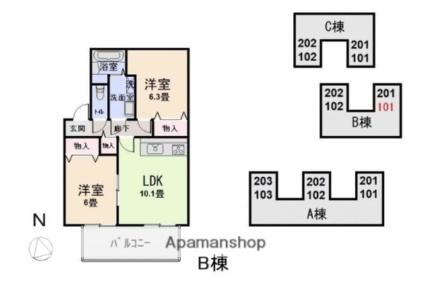 リビングタウン南矢島Ｂ 102｜群馬県太田市南矢島町(賃貸アパート2LDK・1階・53.78㎡)の写真 その2