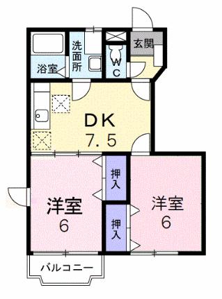 エスポワール 103｜栃木県足利市旭町(賃貸アパート2DK・1階・44.34㎡)の写真 その2