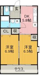 グレーシア細米 1階2DKの間取り