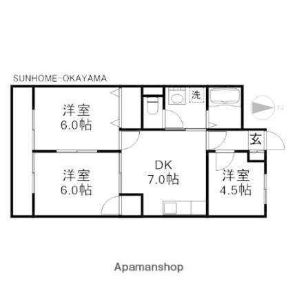 虫明ビル 306｜岡山県岡山市北区中仙道１丁目(賃貸マンション3DK・3階・53.00㎡)の写真 その2